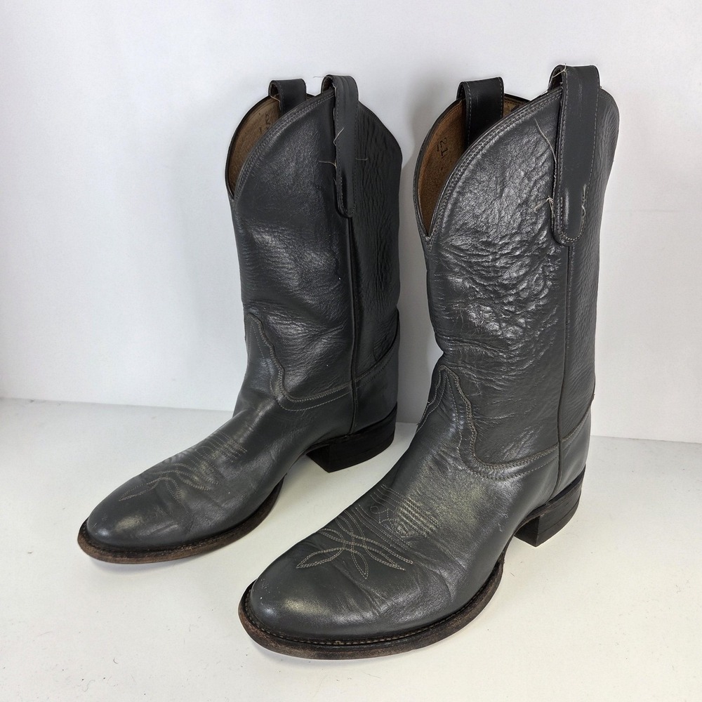 Tony Lama Boots Mens 8.5 Gray Leather Pull-On Western Roper Cowhide Round Toe